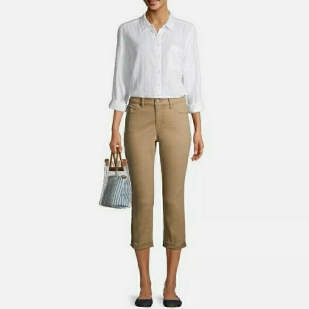 Time and Tru Kakhi Jean Pants Mid-Rise Relaxed Women's Size Inseam 23 Distressed